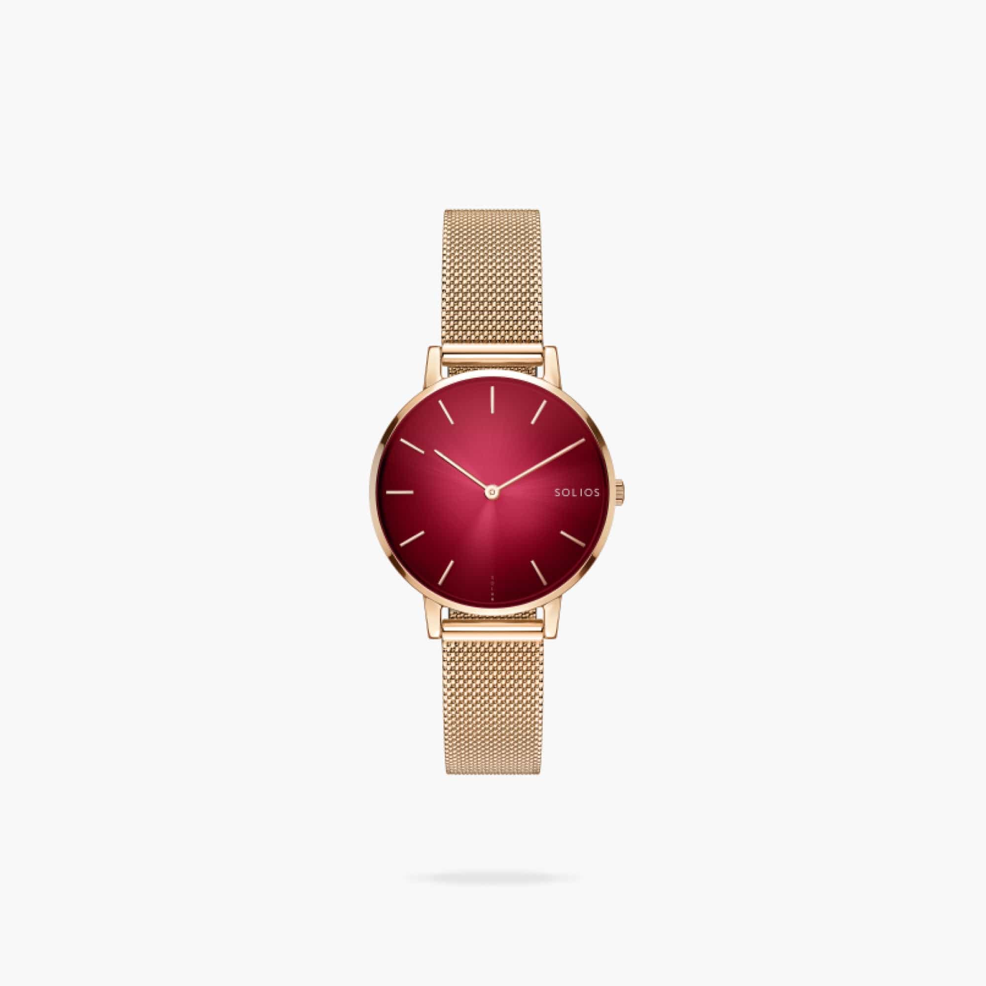 The Solar Mini | Red Dial - Rose Gold Case | Rose Gold Mesh