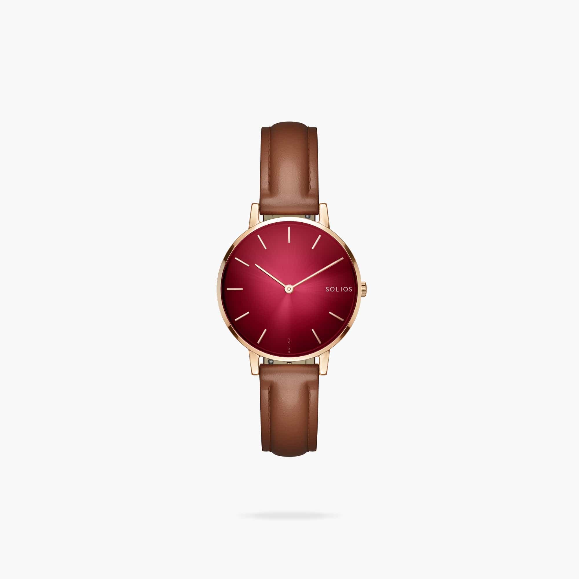 The Solar Mini | Red Dial - Rose Gold Case | Brown Vegan Leather