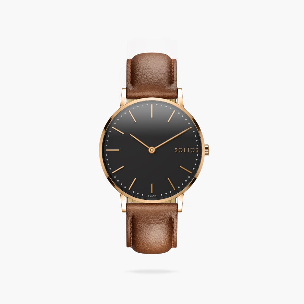 The Solar Classic | Black Dial - Rose Gold Case | Brown Vegan Leather