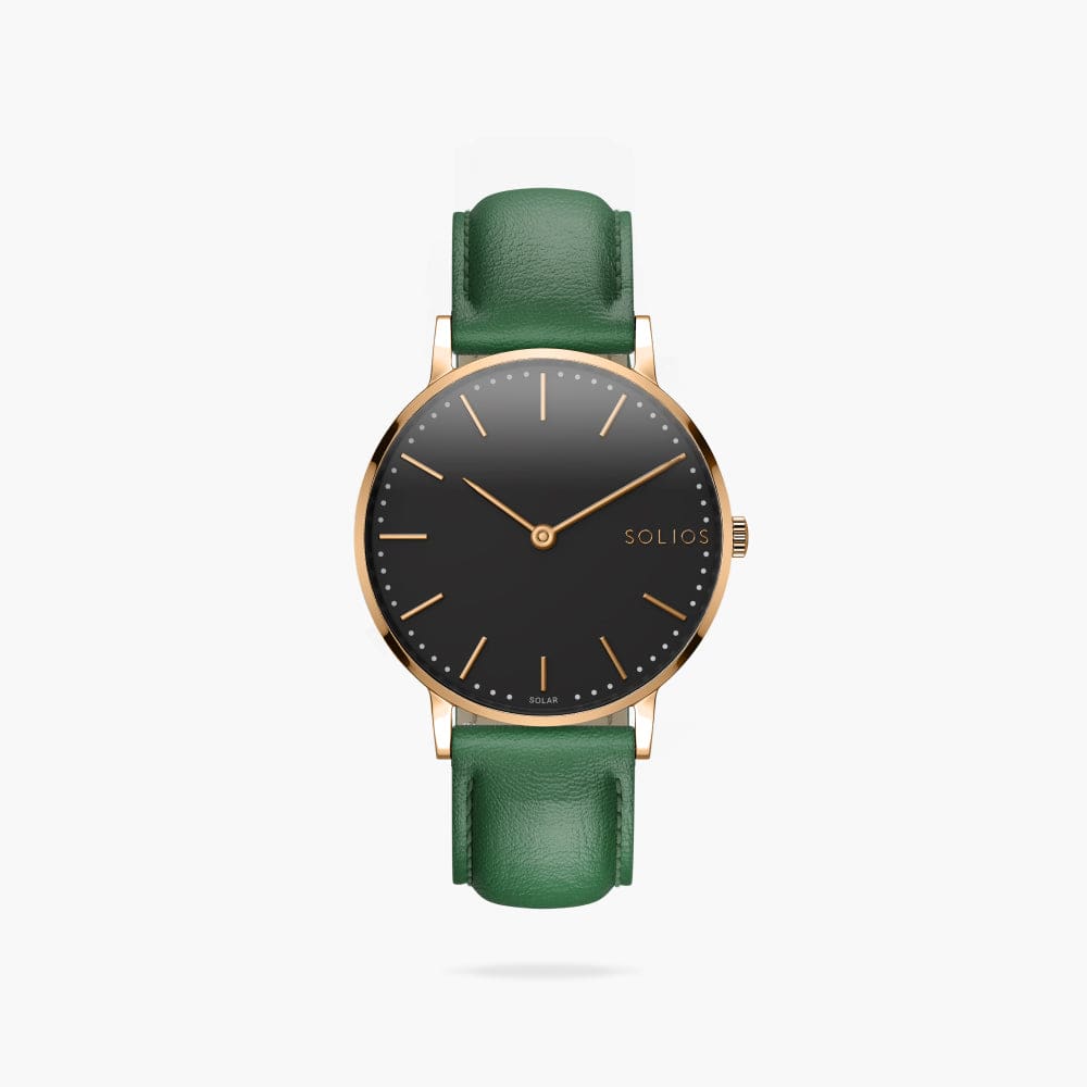 The Solar Classic | Black Dial - Rose Gold Case | Green Vegan Leather