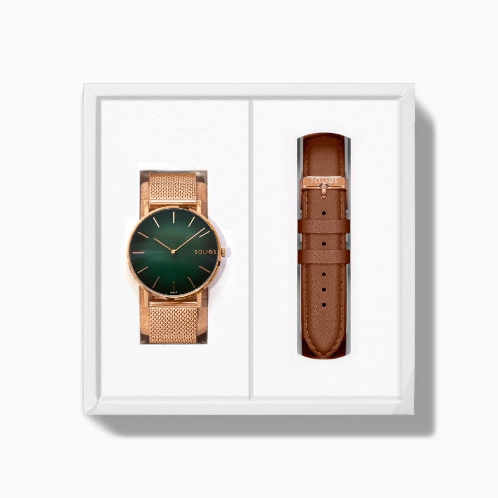 The Rainforest Classic Bundle | Green Dial - Rose Gold Case | Rose Gold Mesh - Brown Vegan Leather