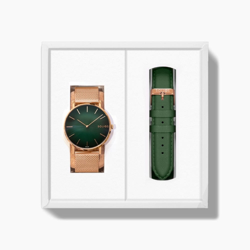 The Rainforest Classic Bundle | Green Dial - Rose Gold Case | Rose Gold Mesh - Green Vegan Leather