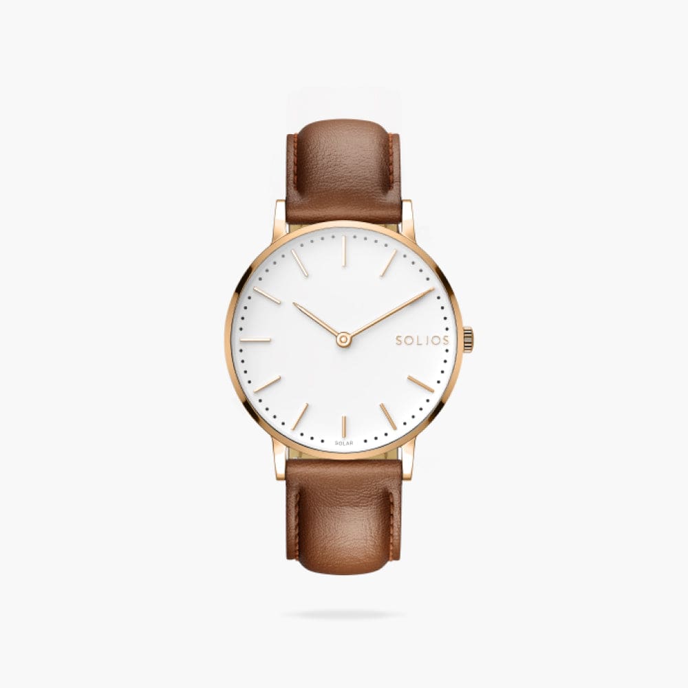 The Solar Classic | White Dial - Rose Gold Case | Brown Vegan Leather