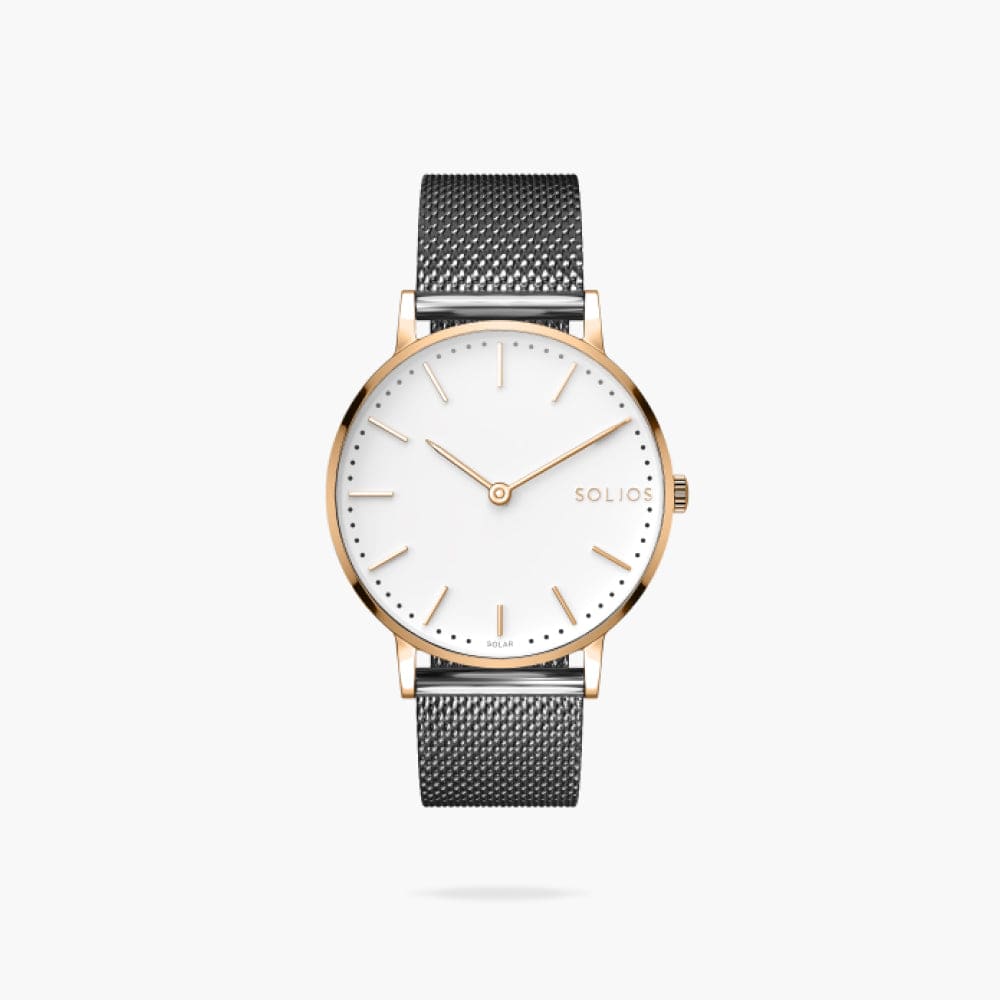 The Solar Classic | White Dial - Rose Gold Case | Grey Mesh