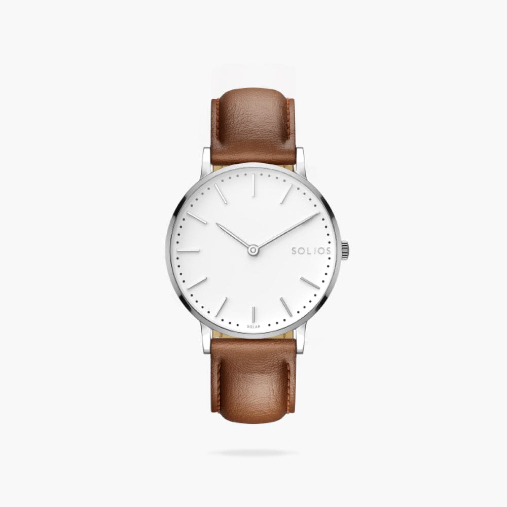 The Solar Classic | White Dial - Silver Case | Brown Vegan Leather