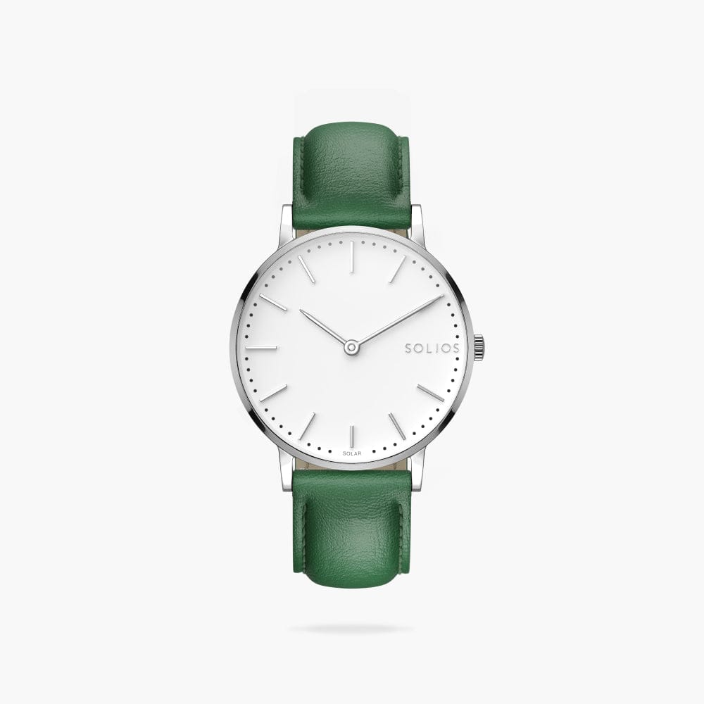 The Solar Classic | White Dial - Silver Case | Green Vegan Leather